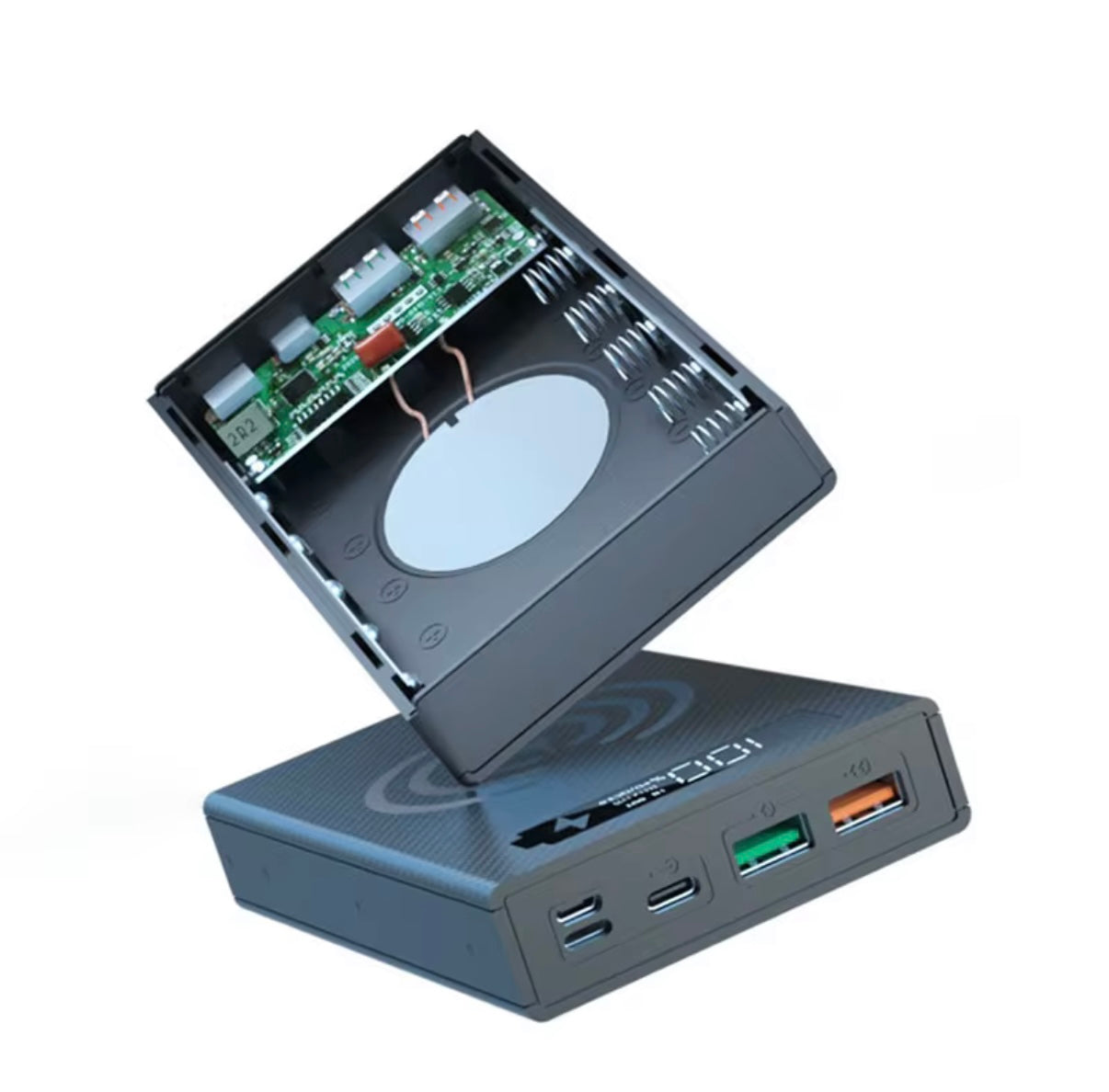 Estuche para batería externa 18650: USB-C PD 22,5 W + QC3.0, inalámbrico 15 W, LCD (carcasa o paquete completo, negro)