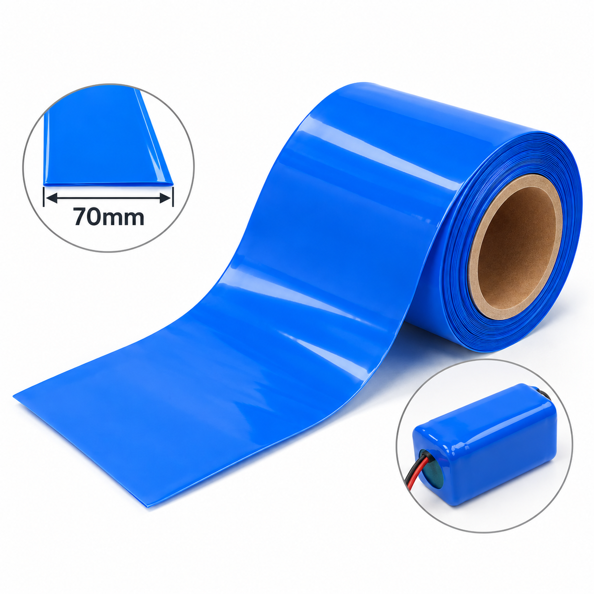 Battery Pack PVC Heat Shrink Wrap - 70mm Flat Width - 44mm Diameter - Blue