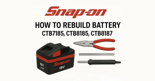 How to rebuild Snap-on battery packs CTB7185, CTB8185, and CTB8187 – tutorial image showing an 18V Snap-on battery, pliers, nickel strips, soldering iron, and cylindrical battery cells used in the rebuild process.