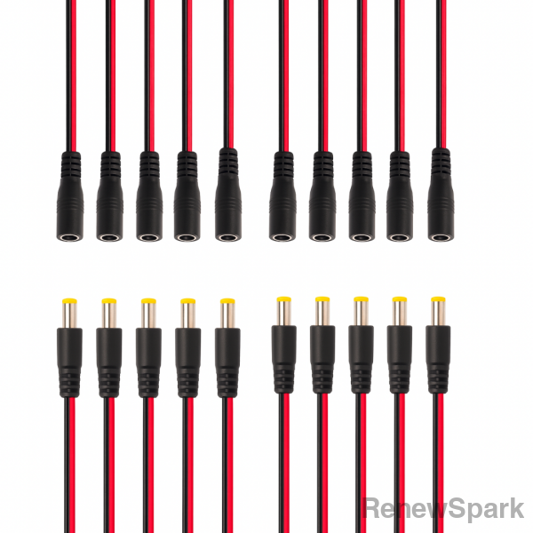 5.5×2.1 mm DC Power Connector Pairs – Male + Female with Wire Leads (5-Pack / 10-Pack / 20-Pack) 10 Pairs DC Power