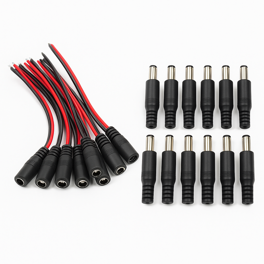 5.5×2.1mm DC Power Jack Connectors – Female Pigtail (with Wire) & Male Plug – Multi‑Pack