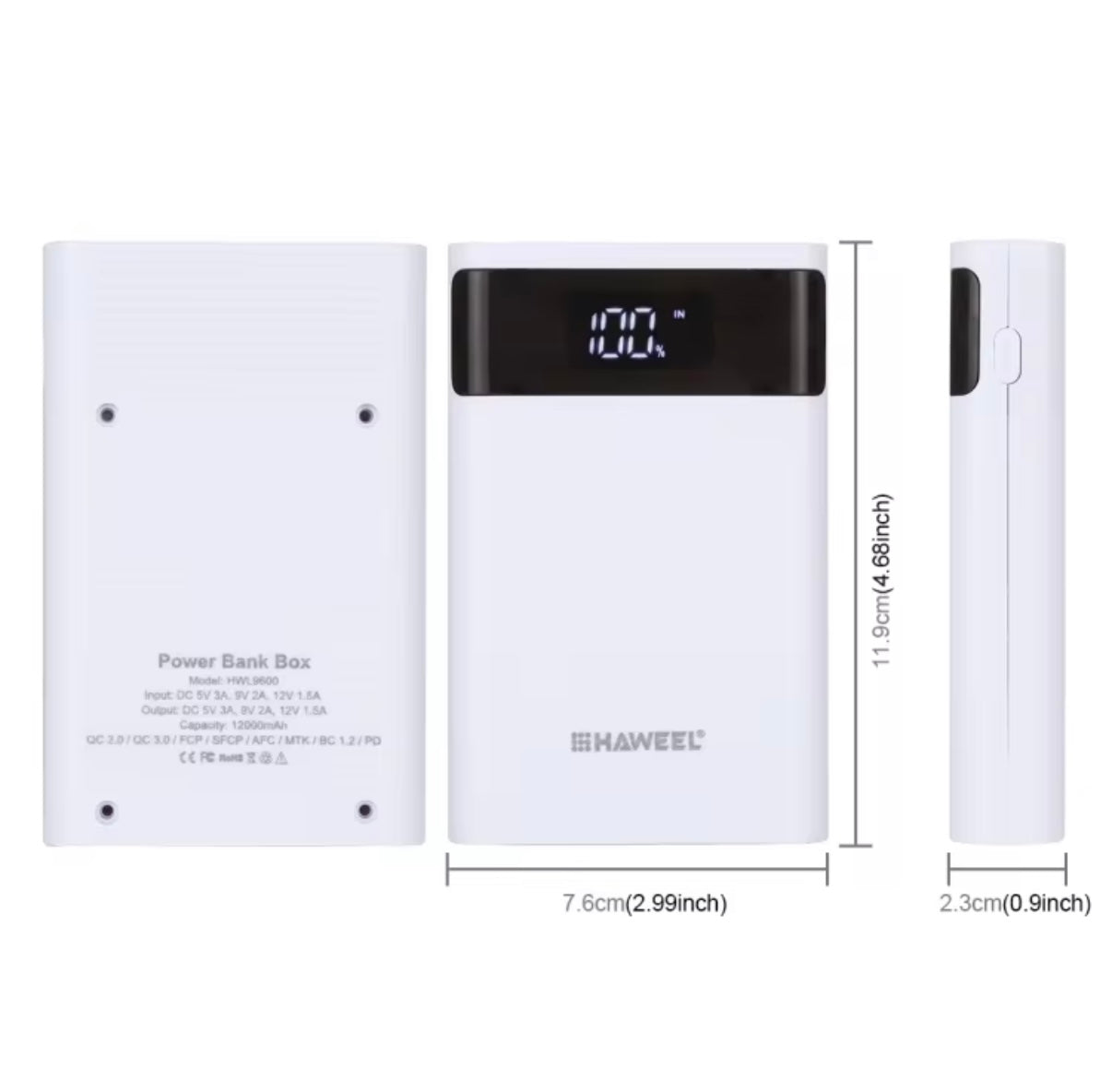 4-Cell 18650 Power Bank Case – 12000mAh QC Dual-USB + LCD Display (DIY Shell or Complete Pack, Black/White)