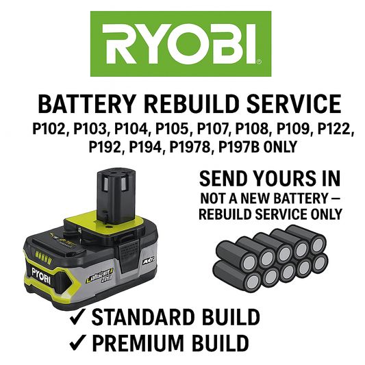 Ryobi 18V ONE+ Battery Rebuild Service – P102, P103, P104, P105, P107, P108, P109, P122, P192, P194, P1978, P197B