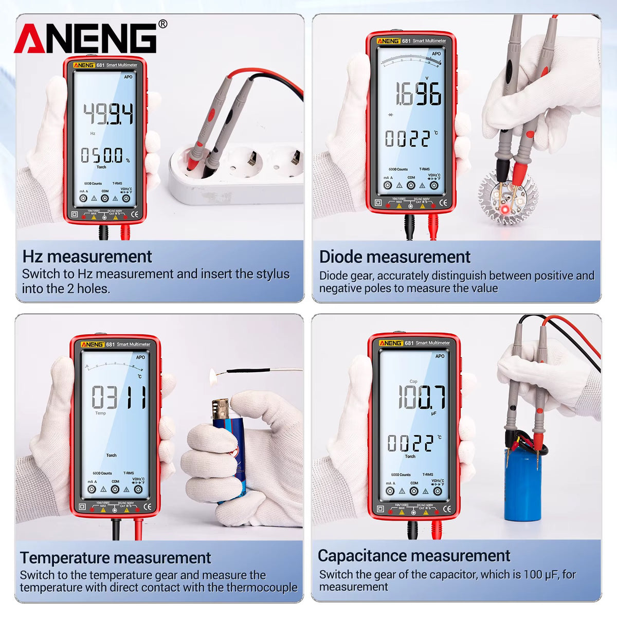 ANENG 681 Smart Multimeter – True RMS, Rechargeable, 6000 Counts, Large LCD
