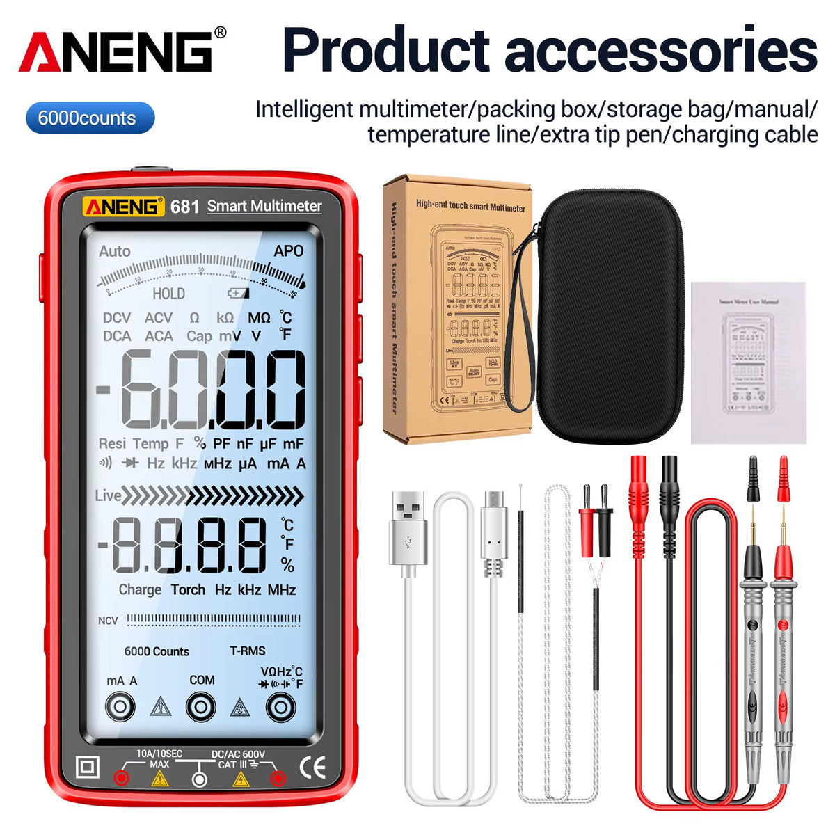 ANENG 681 Smart Multimeter – True RMS, Rechargeable, 6000 Counts, Large LCD