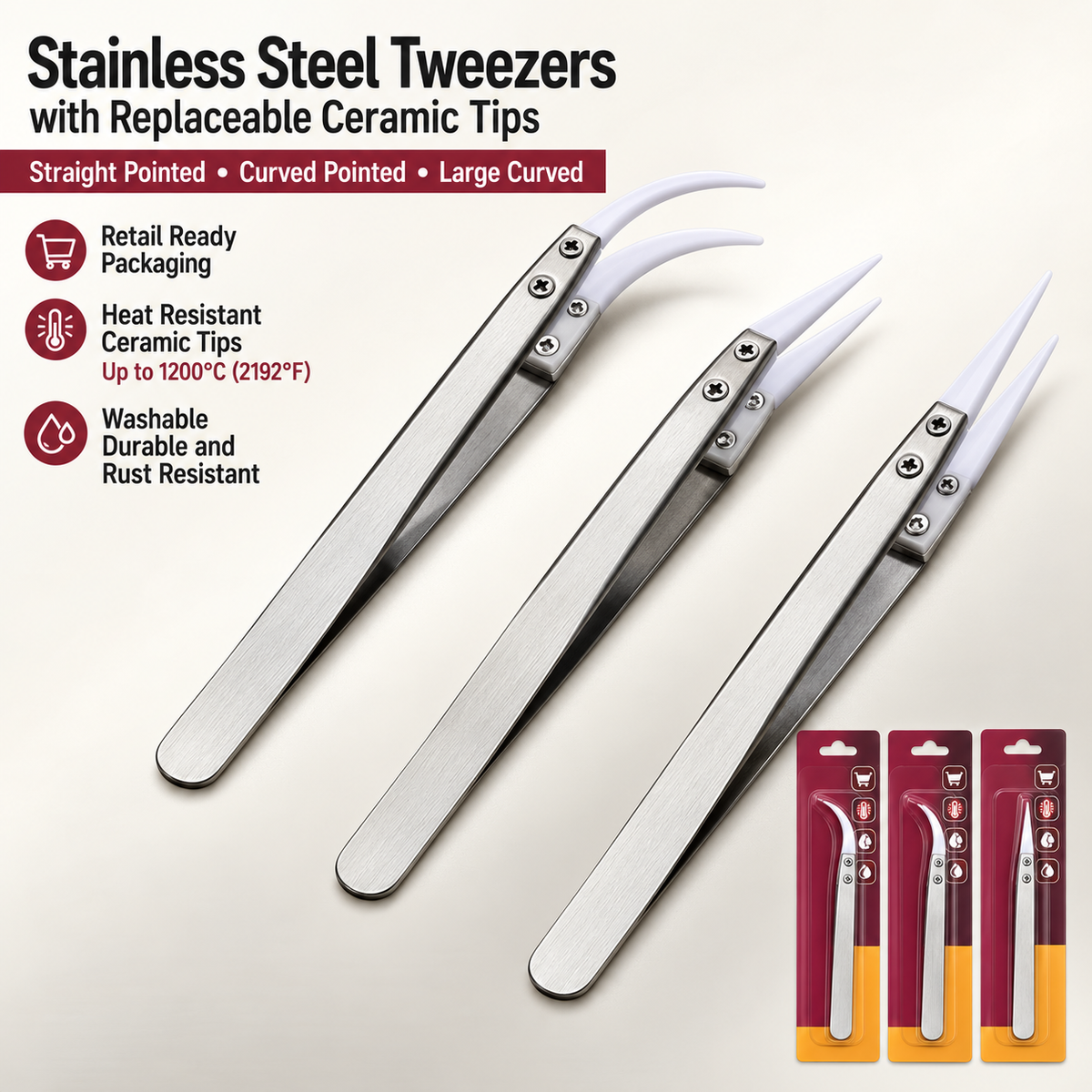 Ceramic-Tip Tweezers 3-Piece Set – Non-Conductive, Heat Resistant, Replaceable Tips