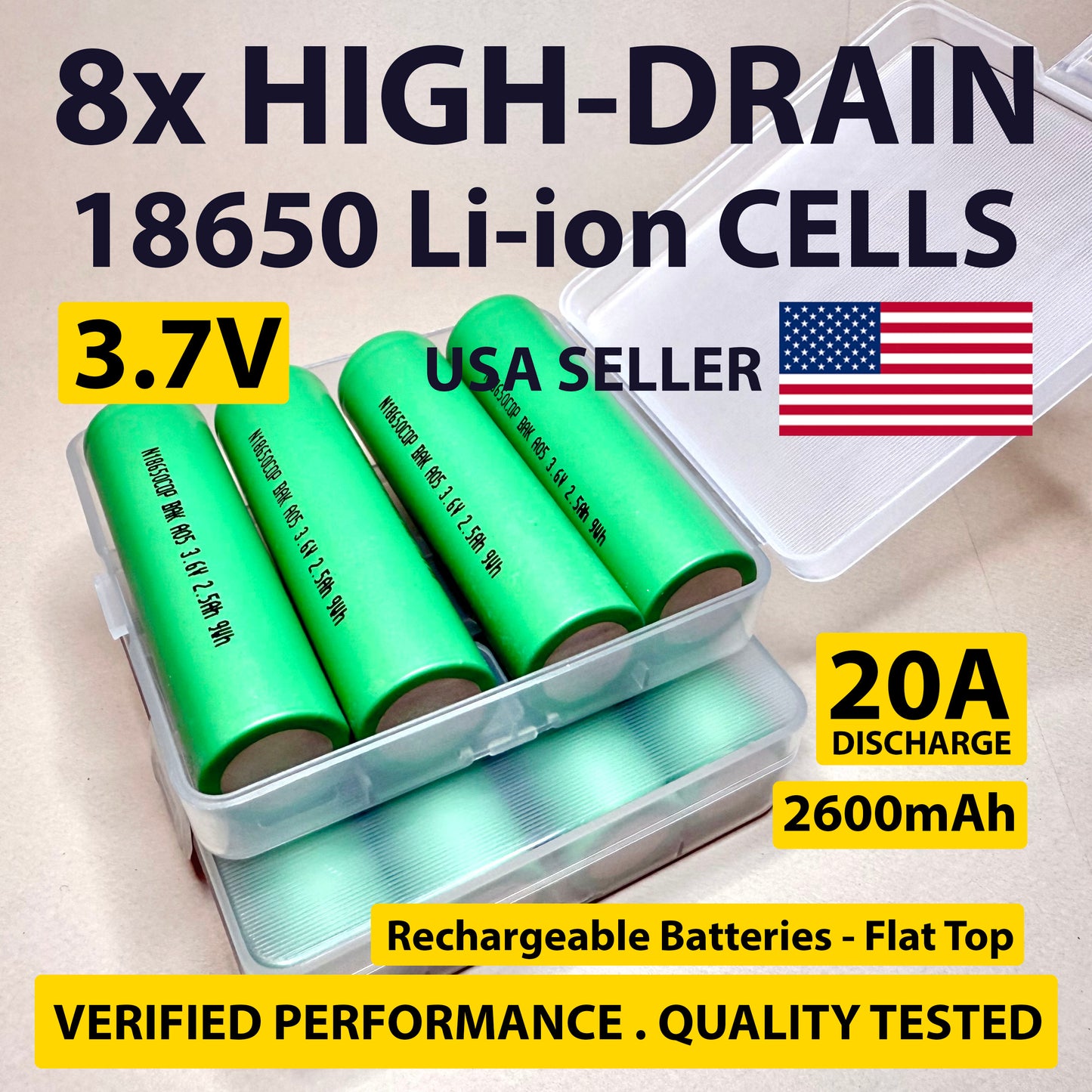 8x BAK 18650 2600mAh 3.7V Li-ion Batteries with Clear Plastic Case – New